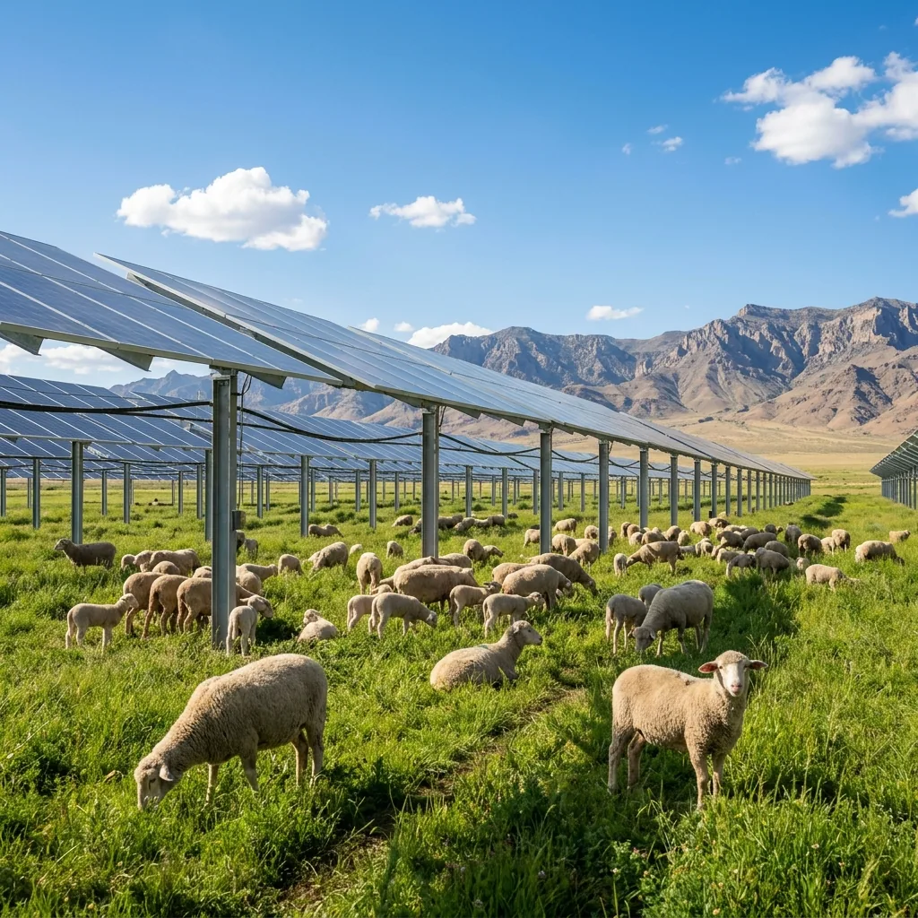 Ovejas pastando bajo paneles solares agrivoltaicos