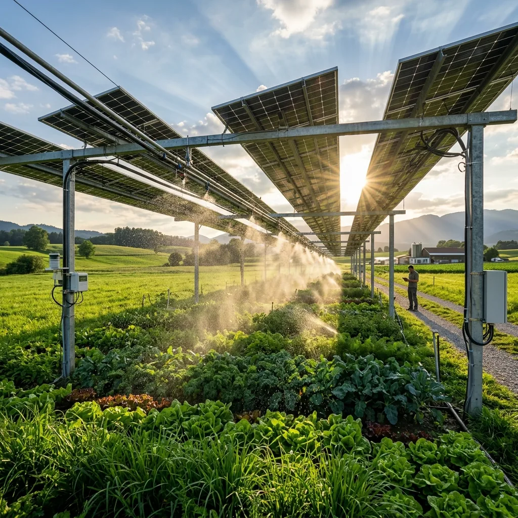 Instalación agrivoltaica con paneles solares elevados sobre terreno productivo